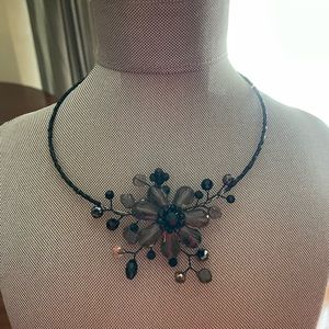 Black Beaded Spring Wire Choker Necklace with Smokey Crystal Flower